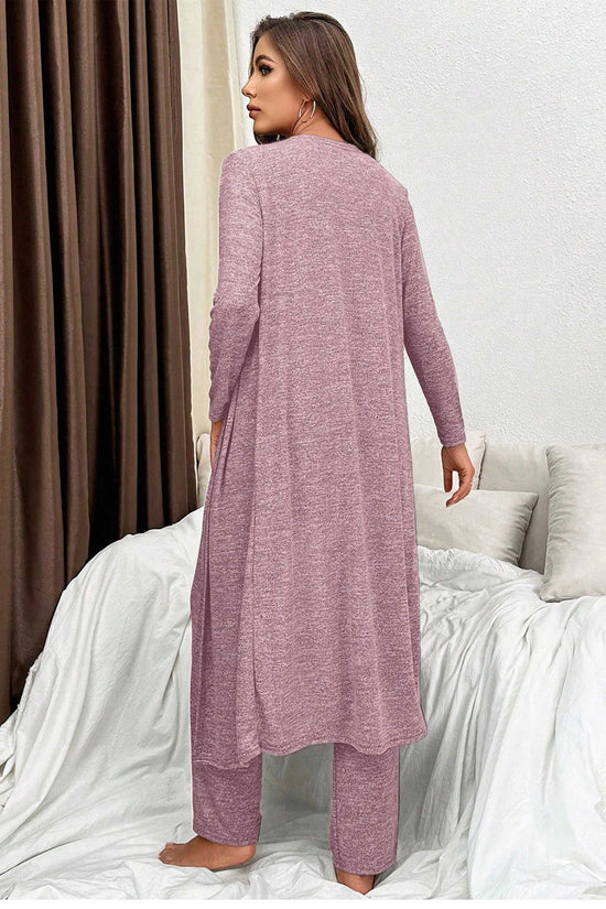 Back view of Heather Mauve Duster Lounge Trio showing full-length duster and relaxed fit trousers, ideal for cosy homewear or casual lounging.
