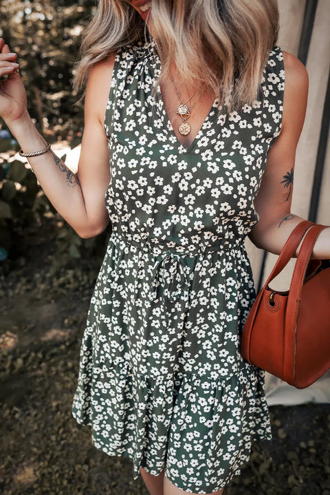 Green Boho Floral V Neck Sleeveless Tunic Dress Women UK