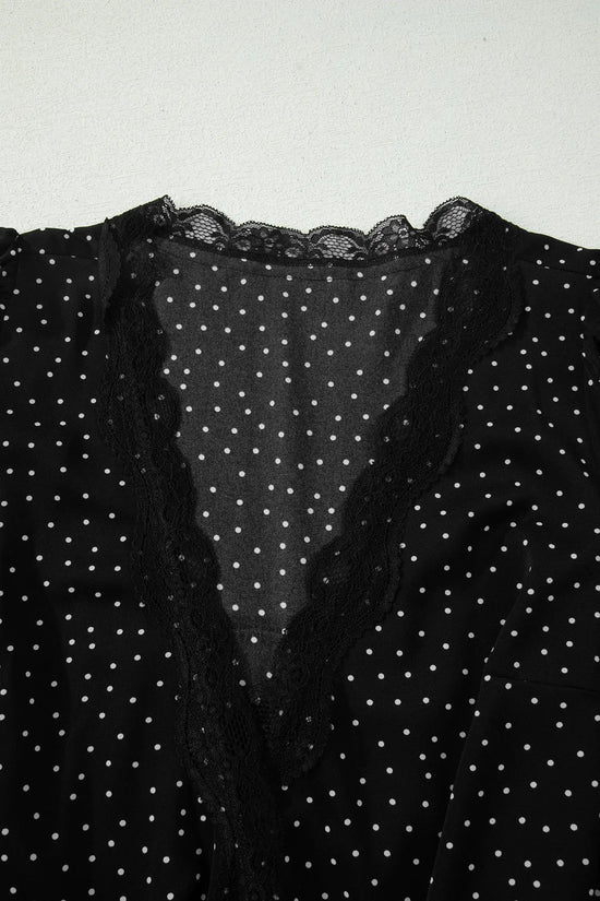 Polka dot lace trim wrap v-neck short sleeve mini dress dresses