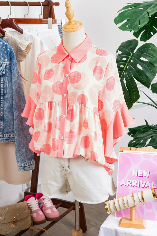 Polka dot ruffle sleeve babydoll shirt button front collar pink shirts