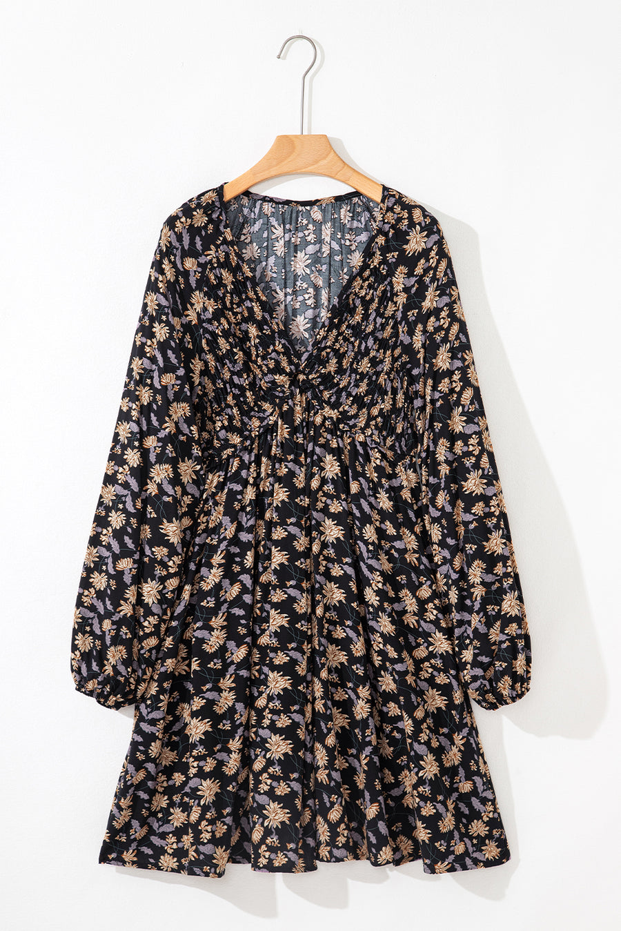 Beige Floral Deep V Neck Smocked Bust Bubble Sleeve Babydoll Dress