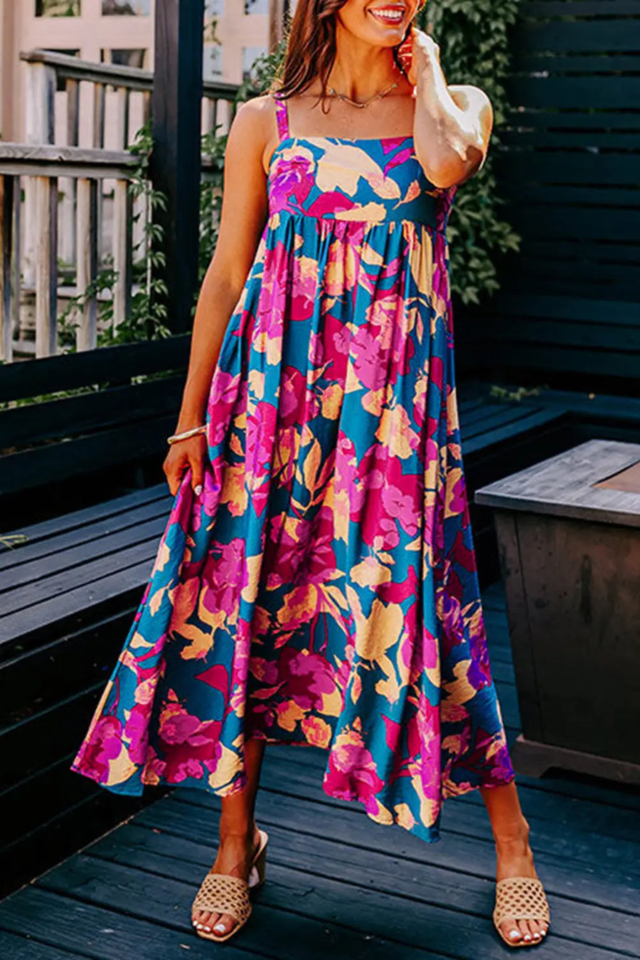 Dark Blue Floral High Waist Sleeveless Flared Maxi Dress Women UK — close-up detail