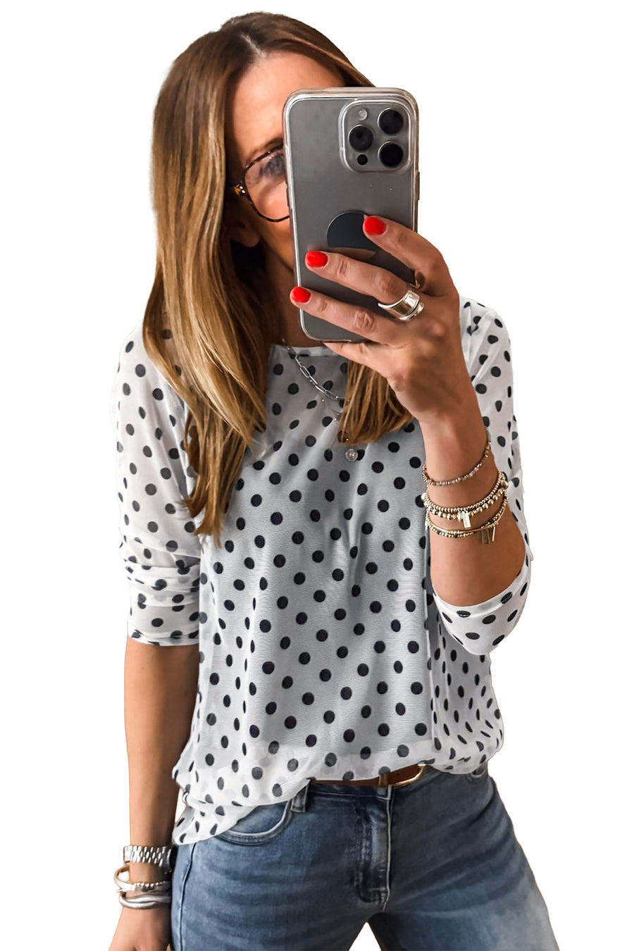 Polka Dot Sheer Mesh Long Sleeve Round Neck Top