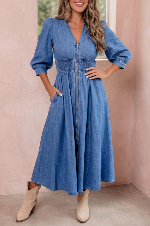 Blue V neck shirred waist metal zipper denim midi dress front view — Fashionfitz UK