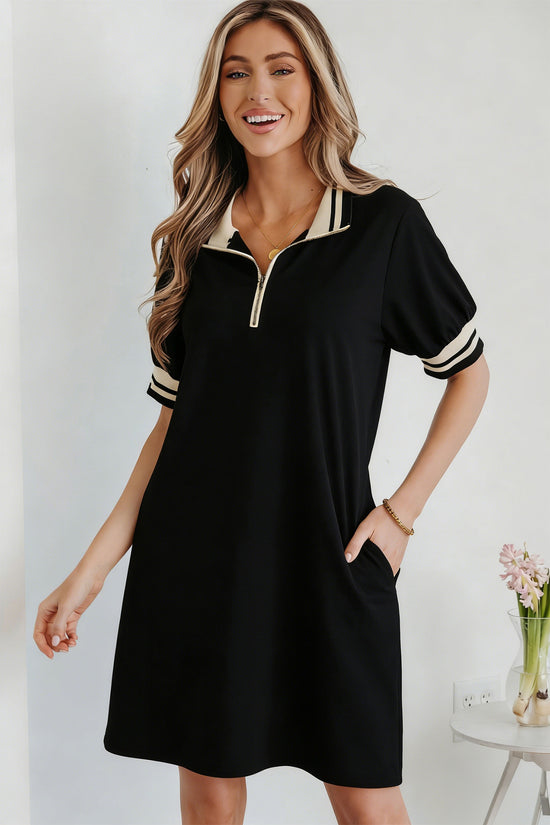 Women's black polo tee dress back view H-line mini casual
