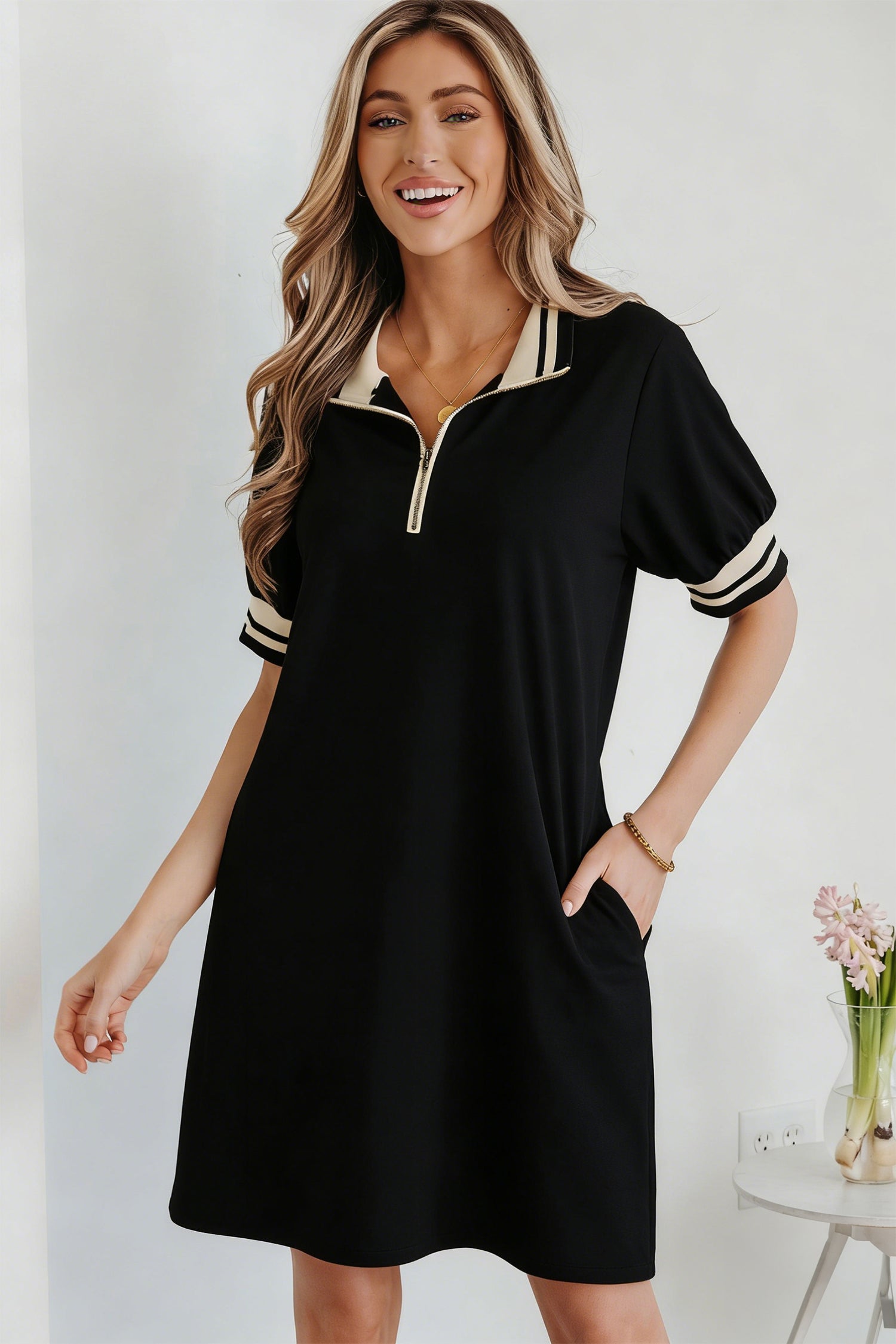 Women's black polo tee dress back view H-line mini casual