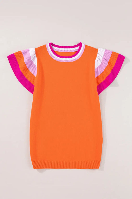KnitT-Shirt - Turquoise Contrast Flutter Sleeves Sweater - Fashionfitz