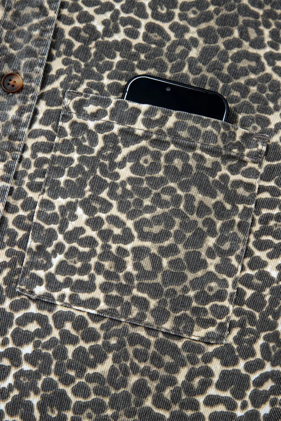 Gray Leopard Short Sleeve Denim Shirt