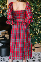 Red Green Tartan Plaid Flared Midi Dress