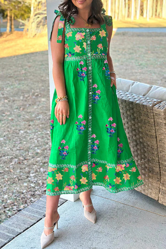Green Floral Midi Dress - Knotted Straps
