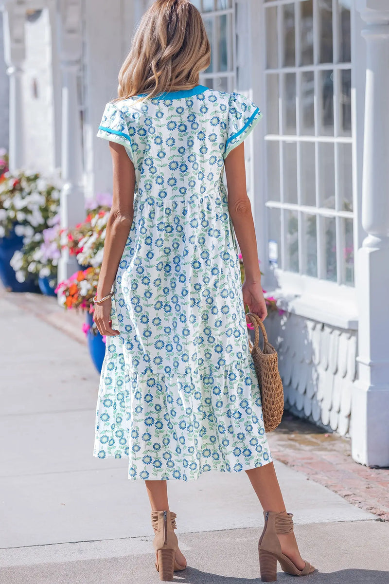 Sky Blue Sunflower Print Flutter Sleeve Maxi Dress Women UK