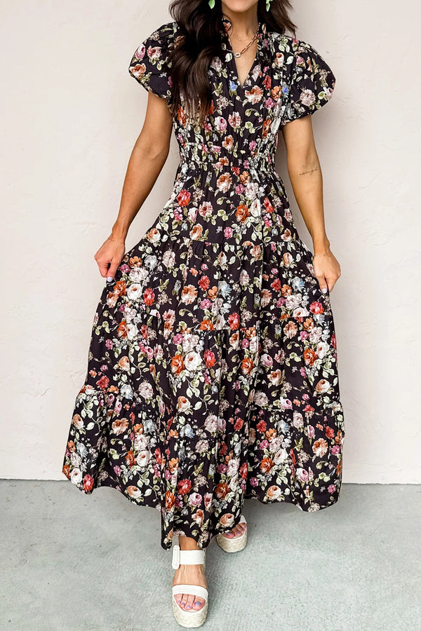 Black Floral Print V Neck Pleated Tiered Maxi Dress Women UK