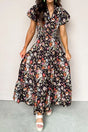 Black Floral Print V Neck Pleated Tiered Maxi Dress