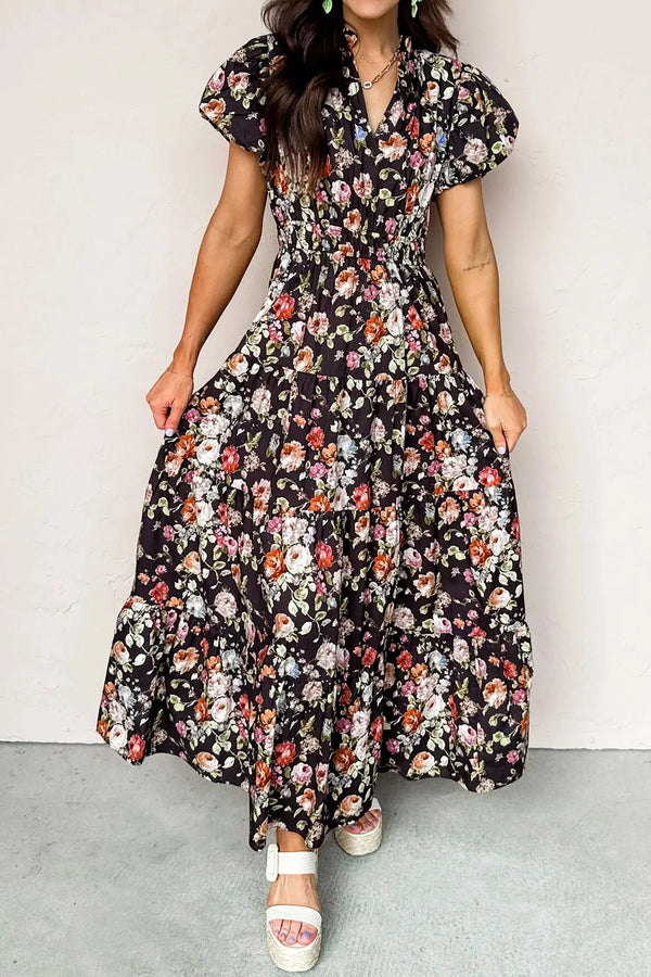 Black Floral V Neck Pleated Tiered Maxi Dress Women UK