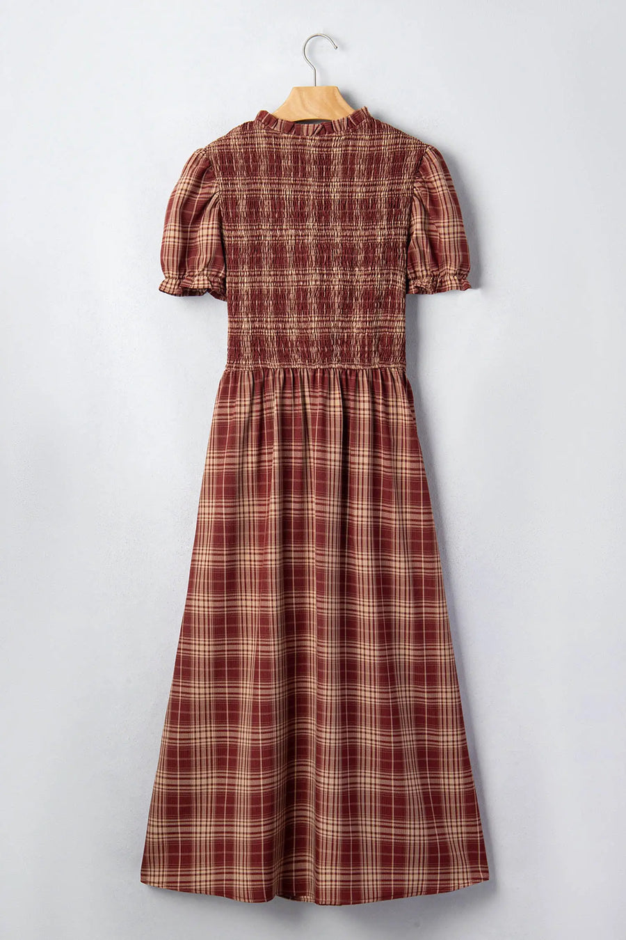 Red Vintage Plaid Knot Front Smocked Midi Dress