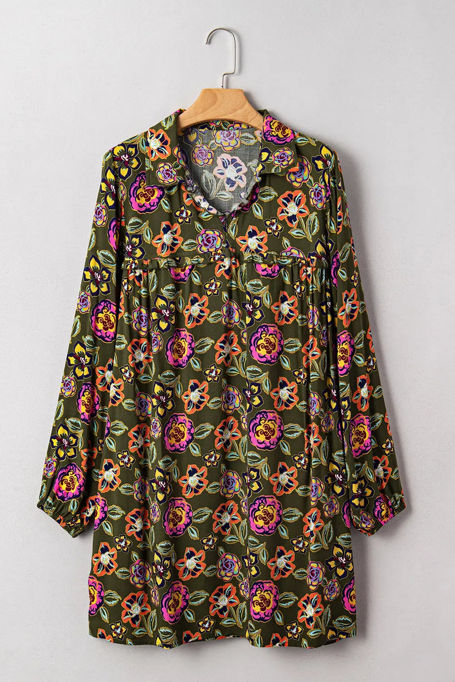 Green Floral Split Neck Bubble Sleeve Shift Mini Dress Women UK
