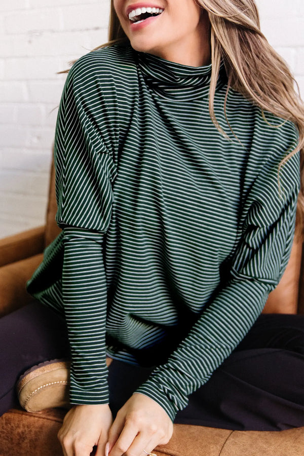 Green stripe high neck dropped shoulder long sleeve top front view — Fashionfitz UK
