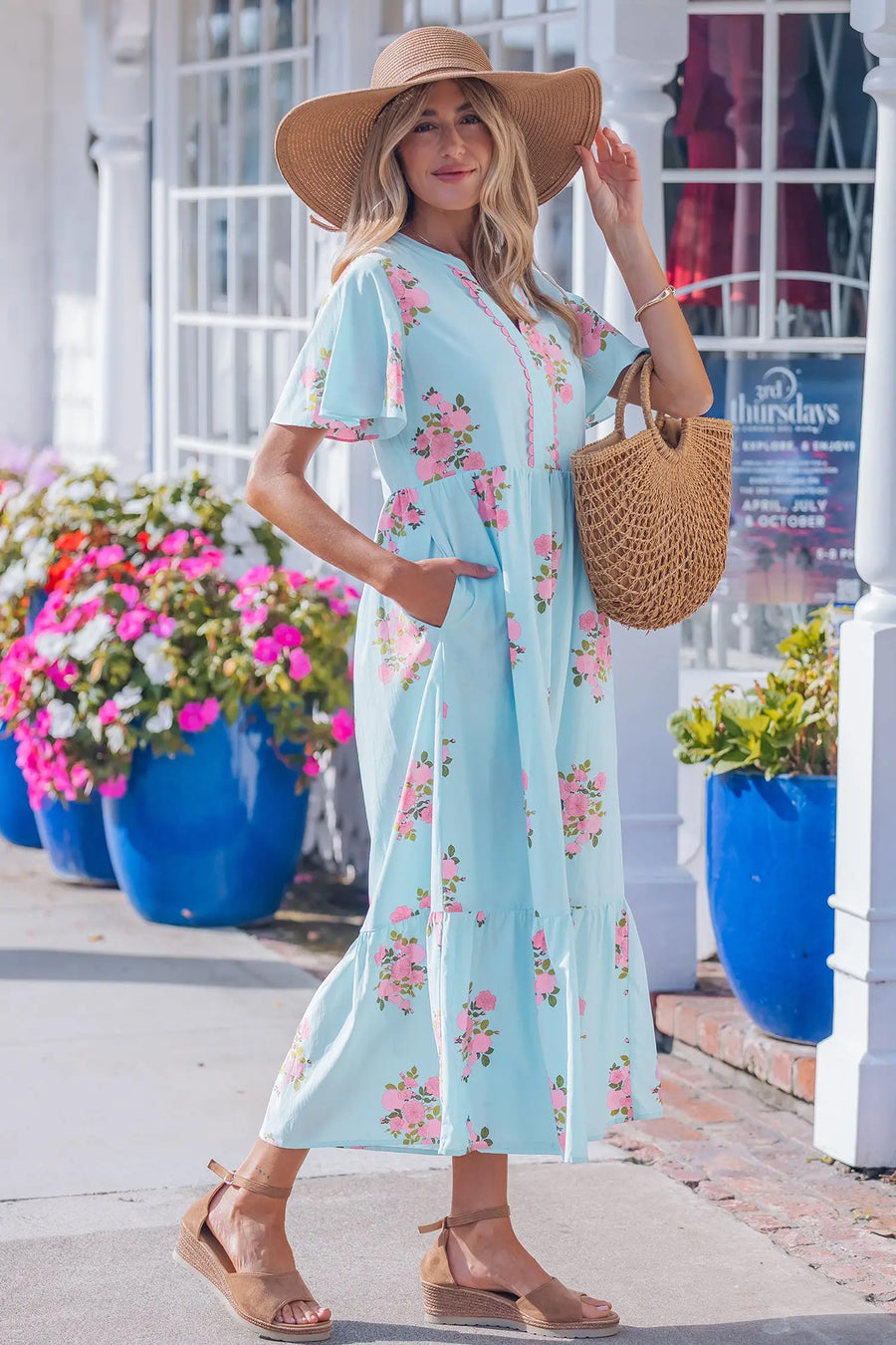 Sky Blue Floral Notched Neck Flutter Short Sleeve Maxi Dress Women UK — side detail