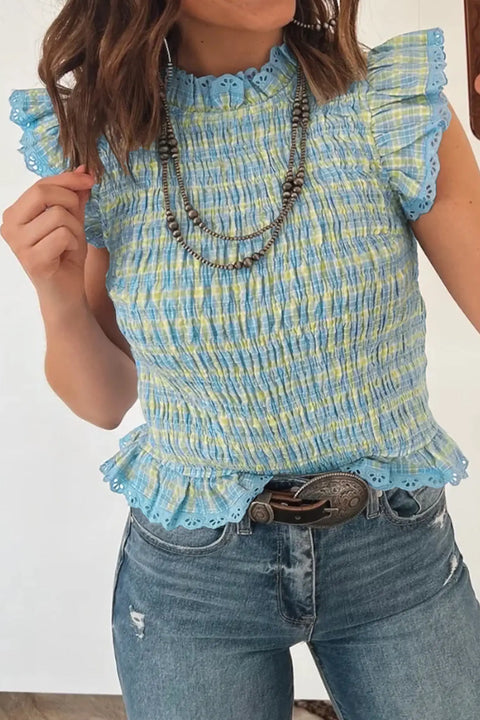 Multicolour gingham smocked lace trim tank top front view — Fashionfitz UK