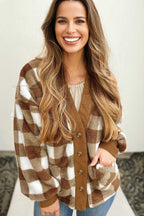 Casual Women's Brown Checkered Sherpa Cardigan with front pockets and ribbed cuffs, perfect for cozy winter layering.
