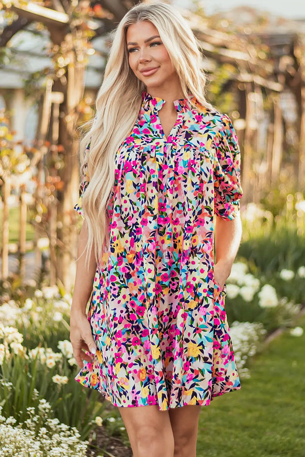 Pink Floral Puff Sleeve V Neck Mini Dress Women UK — front view
