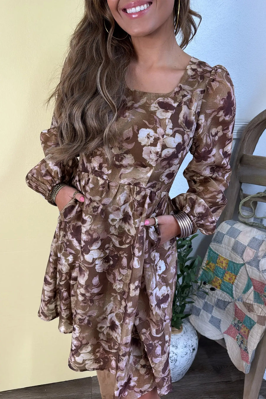 Brown Abstract Floral Square Neck Long Sleeve Mini Dress Women UK