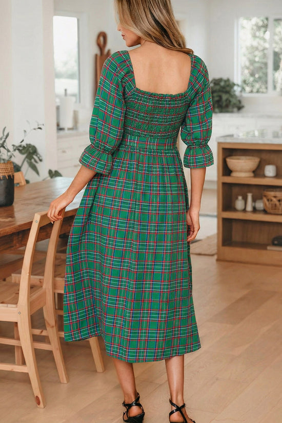 Red Green Tartan Plaid Flared Midi Dress