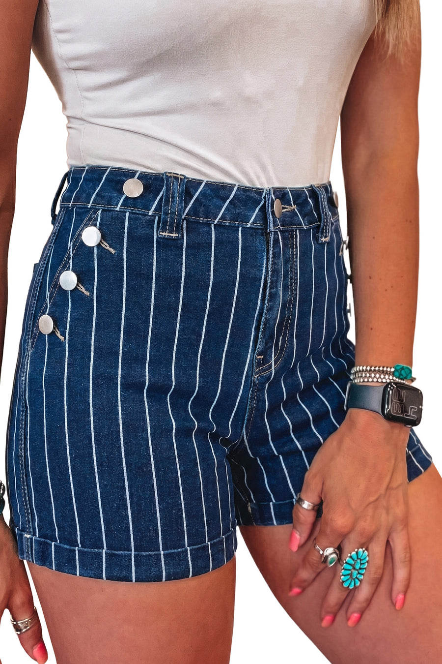 Striped Metal Button High Waist Denim Shorts Women UK