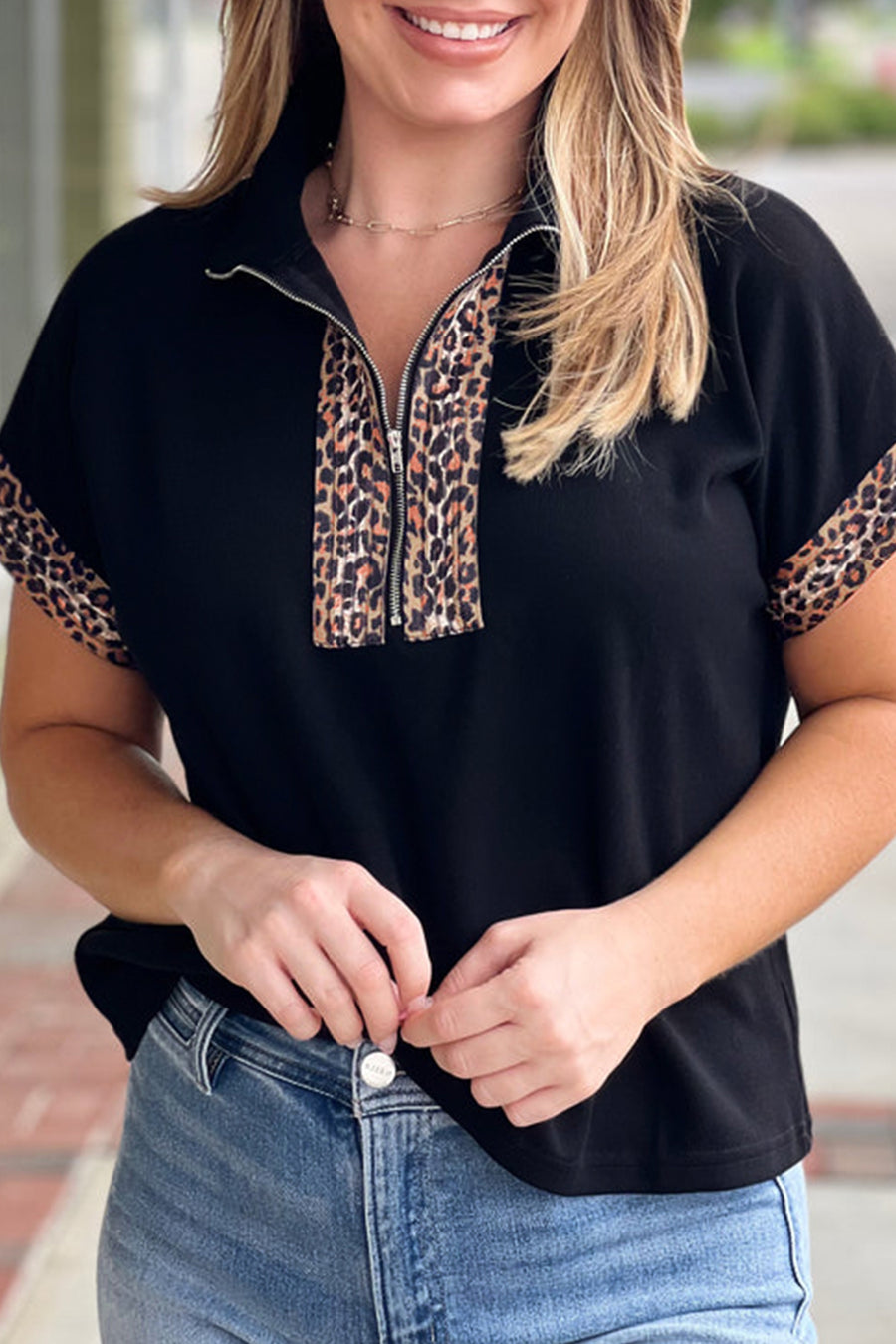 Leopard Patchwork Half Zip Plus Size Short Sleeve Top Women UK