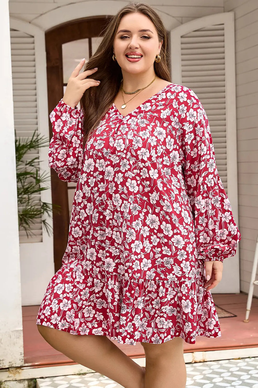 Purple Plus Size Floral Balloon Sleeve V Neck Dress Women UK — side view