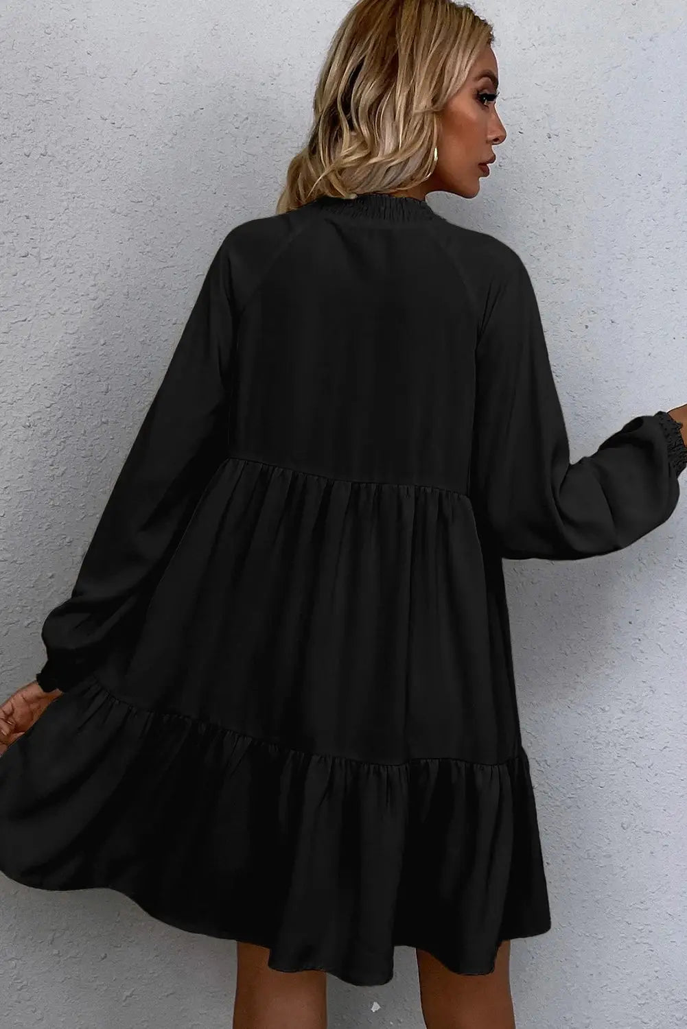 Black tie split neck smocked long puff sleeve dress