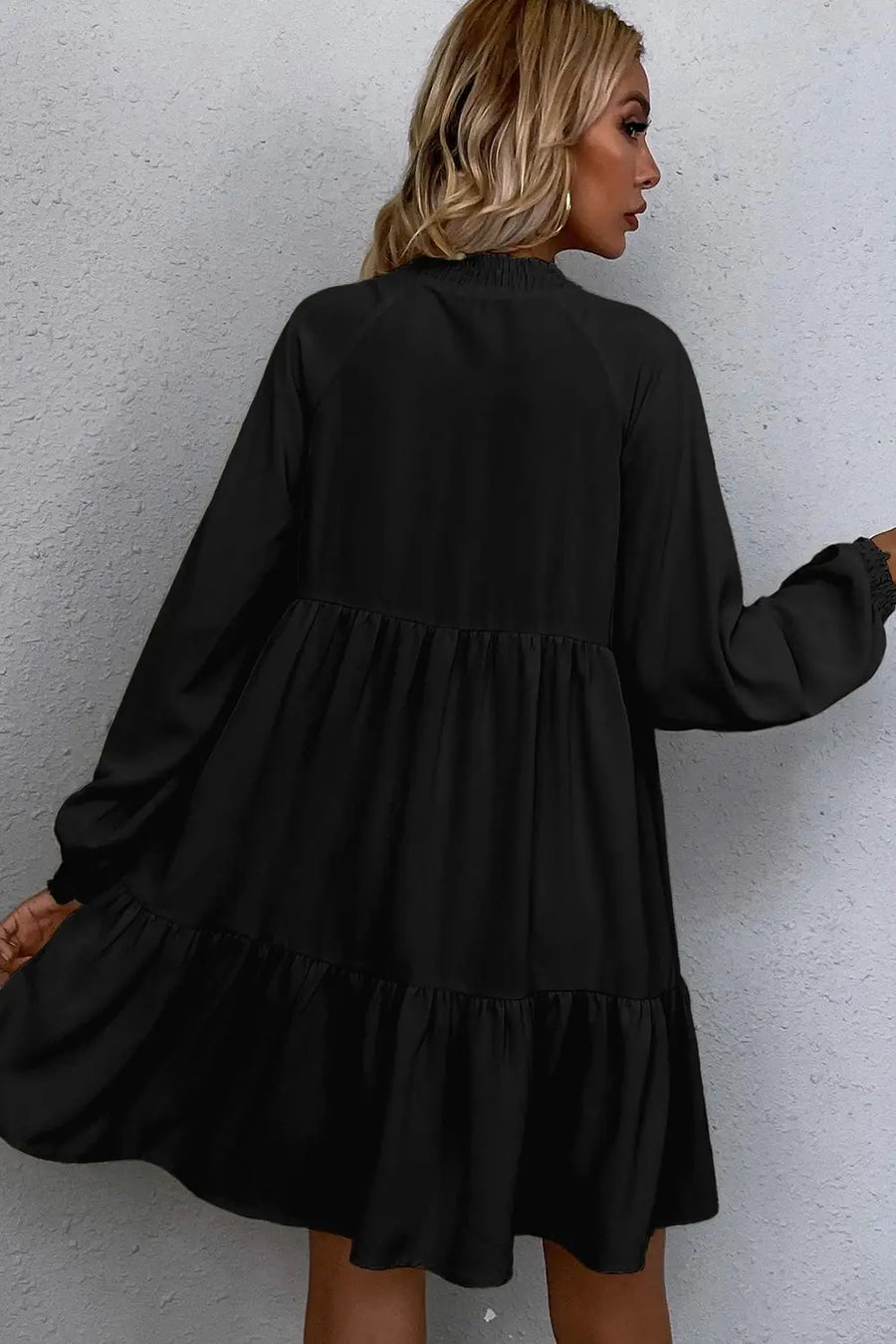 Black tie split neck smocked long puff sleeve dress