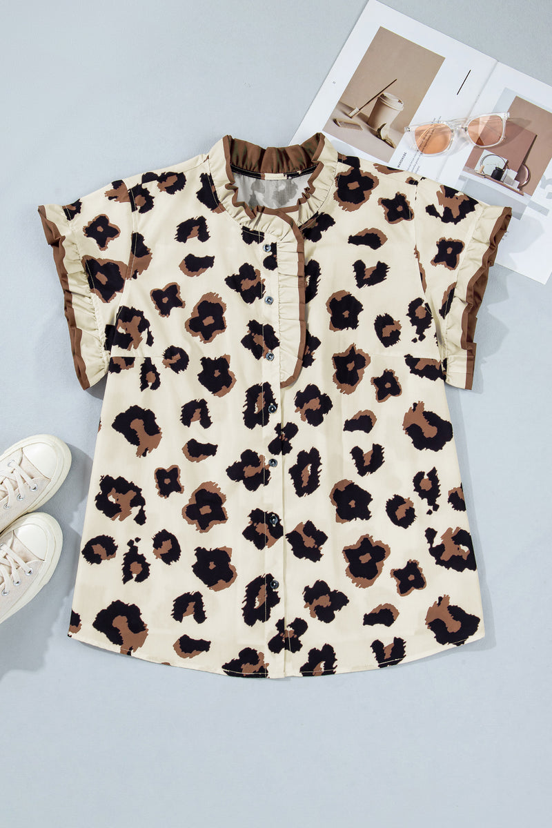 Khaki leopard frill plus size blouse — side view showing button front and frill detail