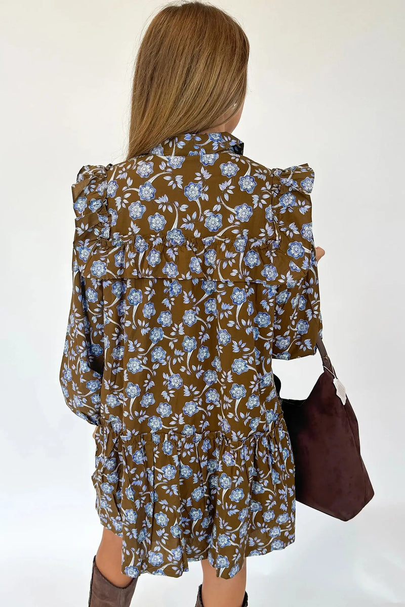 Brown Floral Shirt Collar Button Down Long Sleeve Dress Women UK — back view