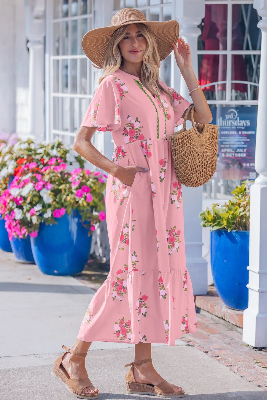 Sky Blue Floral Notched Neck Flutter Short Sleeve Maxi Dress Women UK — model shot