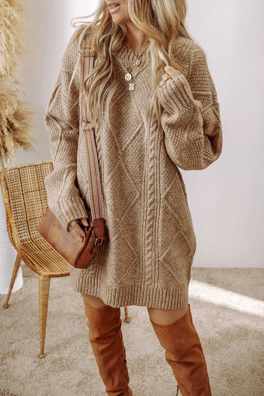 Parchment Cable Knit Drop Shoulder Loose Fit Jumper Dress UK