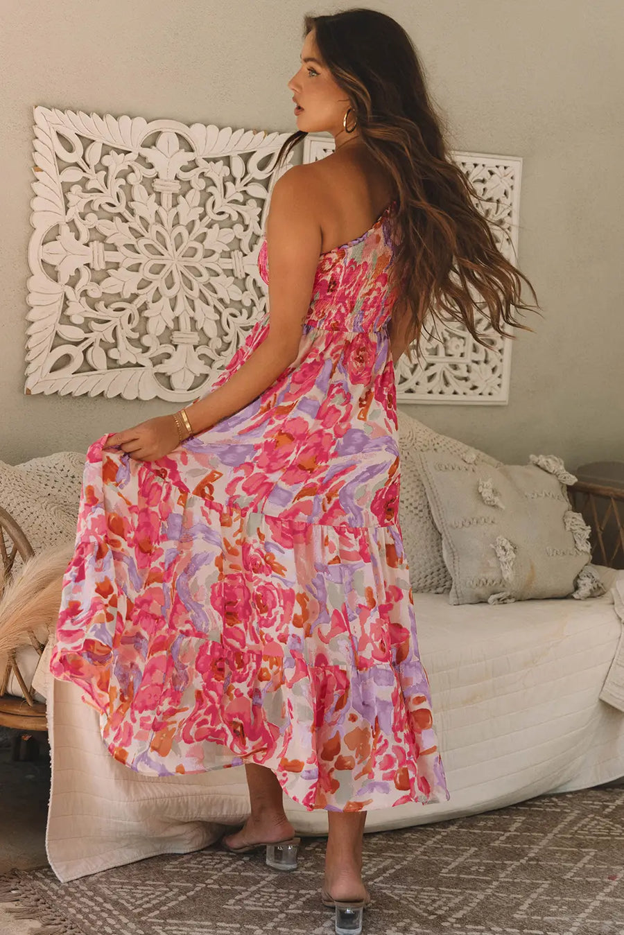 Pink Abstract Floral Shirred One Shoulder Maxi Dress Women UK