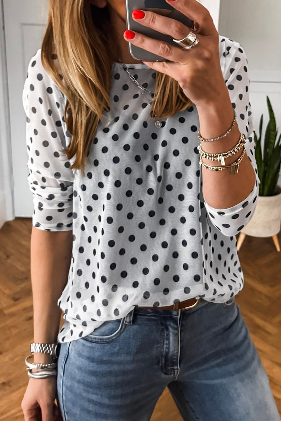 Polka Dot Sheer Mesh Long Sleeve Round Neck Top