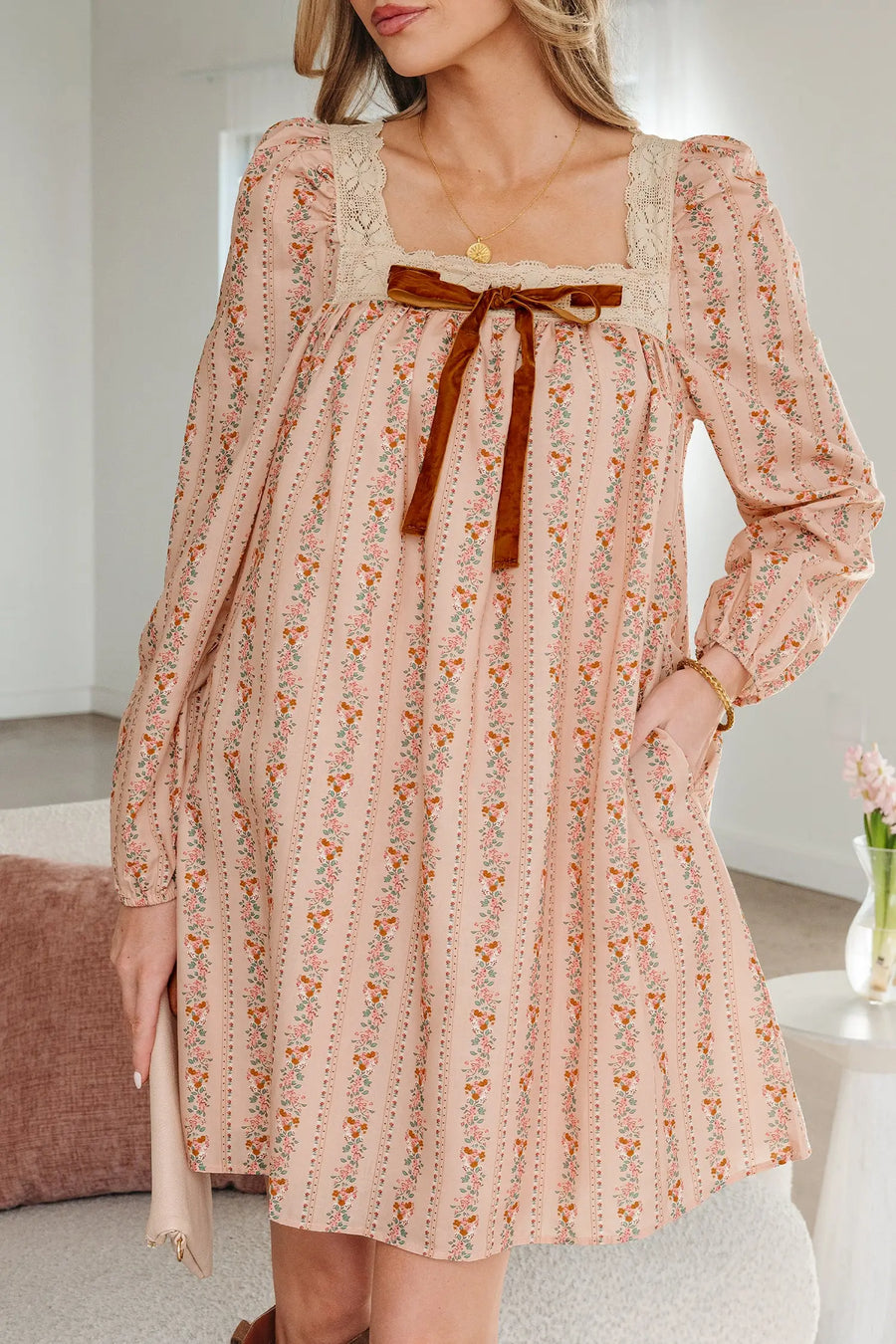 Khaki Floral Velvet Bow Lace Patchwork Long Sleeve Mini Dress Women UK — lifestyle view