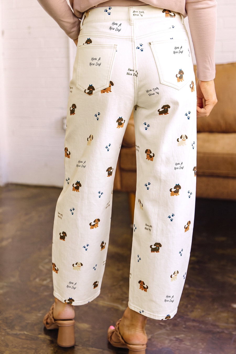 White Abstract Dog Print Wide Leg Full-Length Jeans