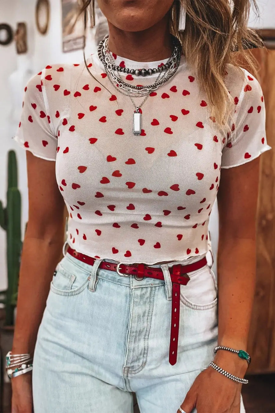 Women’s heart print mesh crop top | fashionfitz