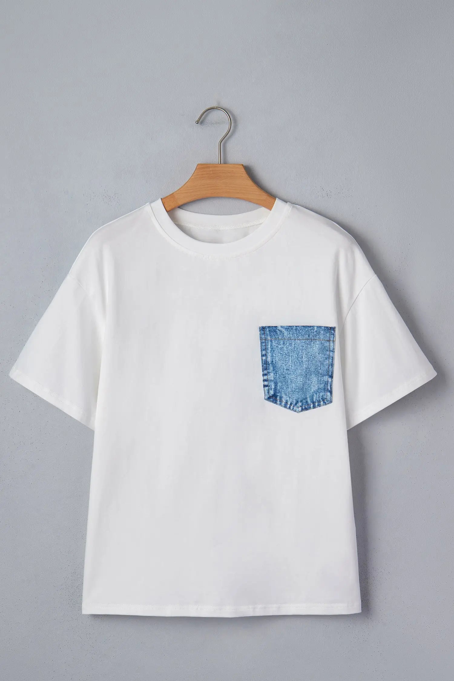 Colour block patch pocket short sleeve top round neck tunic relaxed fit tunics