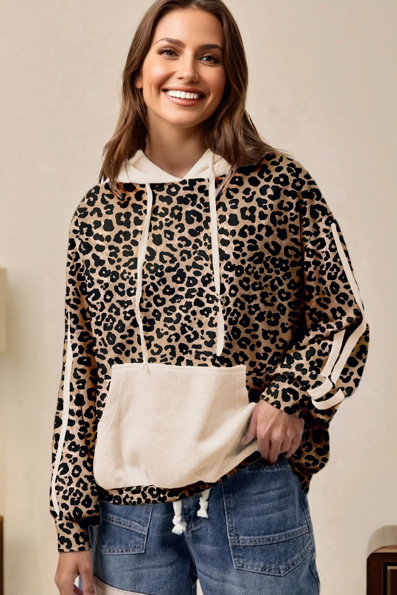 Leopard Print Waffle Knit Kangaroo Hoodie