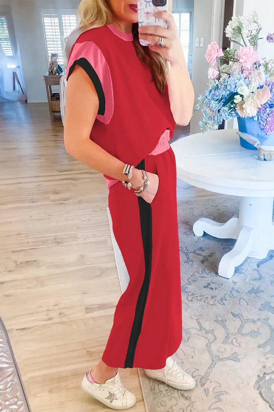 Colour block two piece set cap sleeve wide leg pants women uk