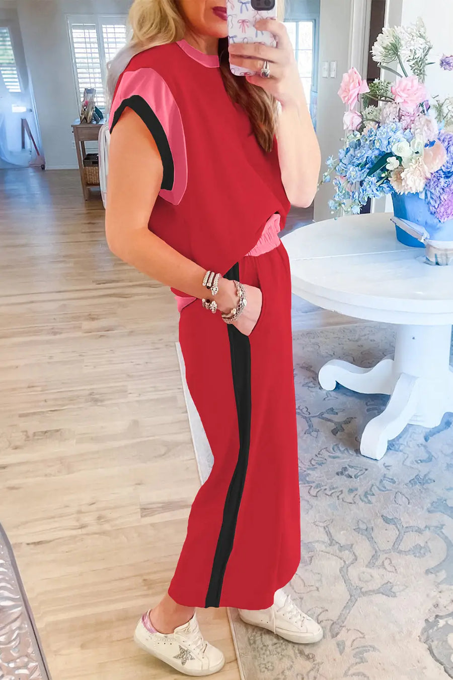 Colour block two piece set cap sleeve wide leg pants women uk
