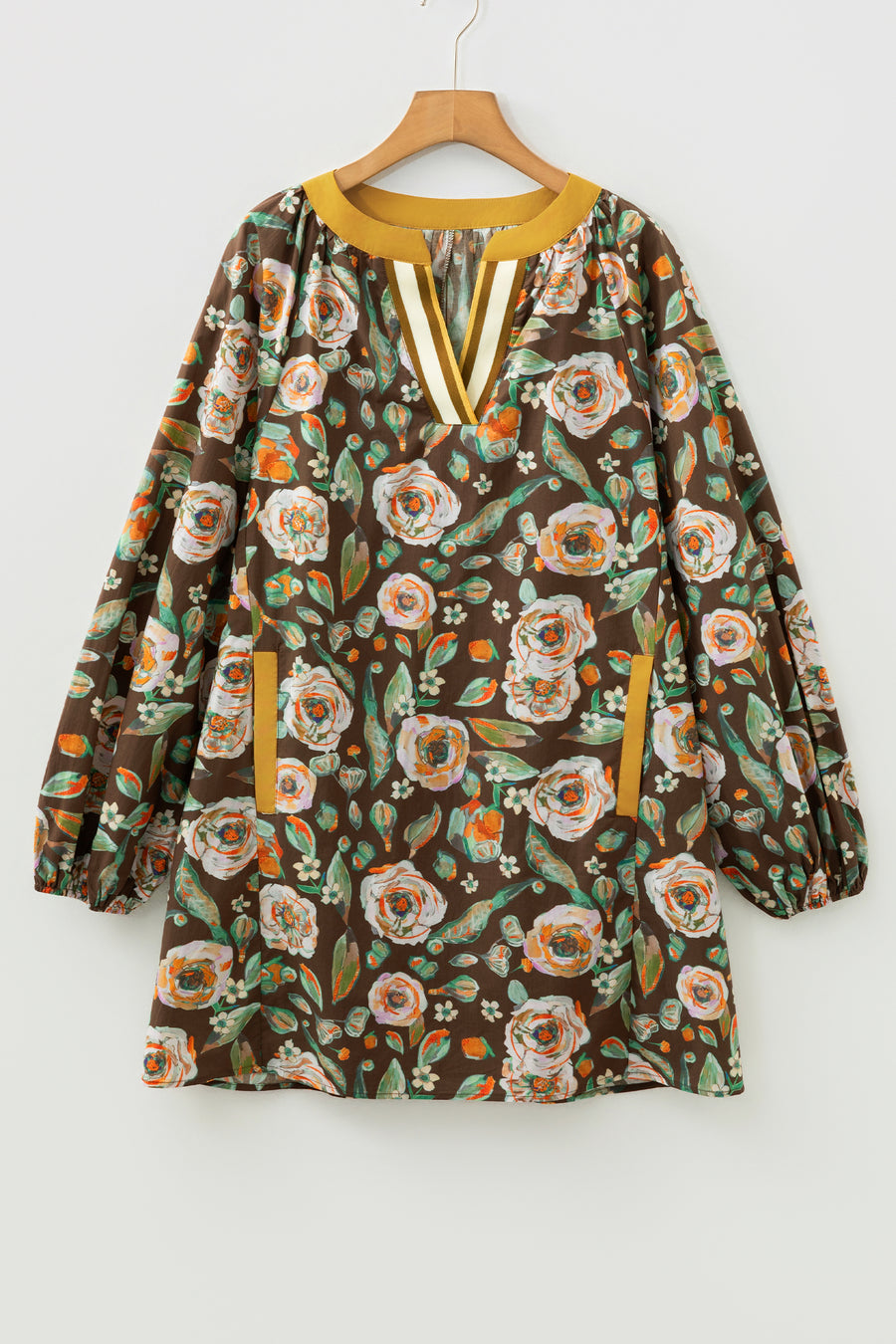 Brown Floral Print Contrast Trim V Neck Pocketed Long Sleeve Mini Dress