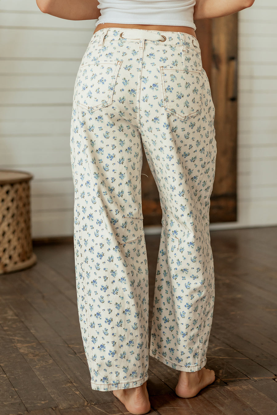 Grommet Knot Waist Floral Barrel Leg Jeans