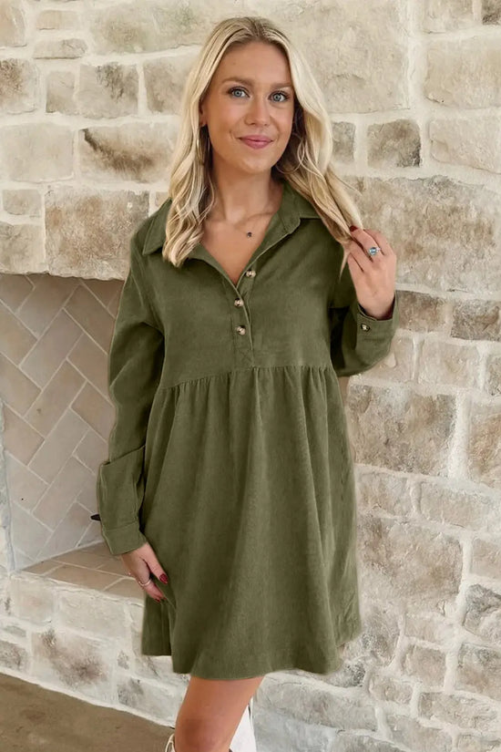 Corduroy mini dress half button collar long sleeve a-line women uk | fashionfitz