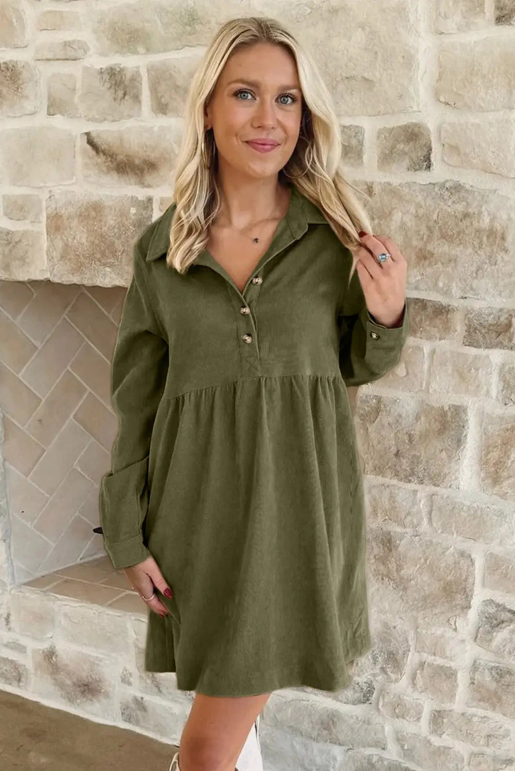 Corduroy mini dress half button collar long sleeve a-line women uk | fashionfitz