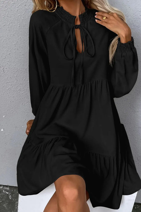 Black tie split neck smocked long puff sleeve dress